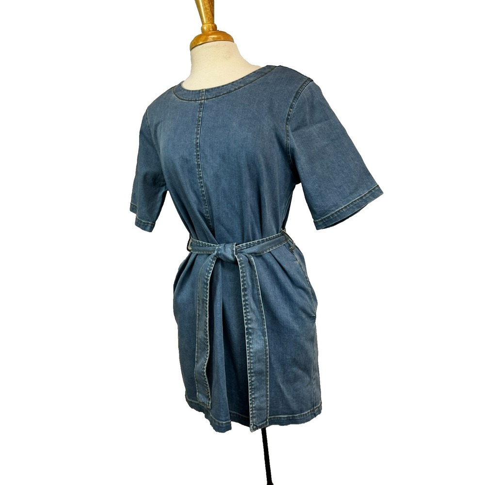 R G Kane Denim Mini Dress Medium Wash Blue Short Sleeve Scoop Neck Tie Belt SZ M